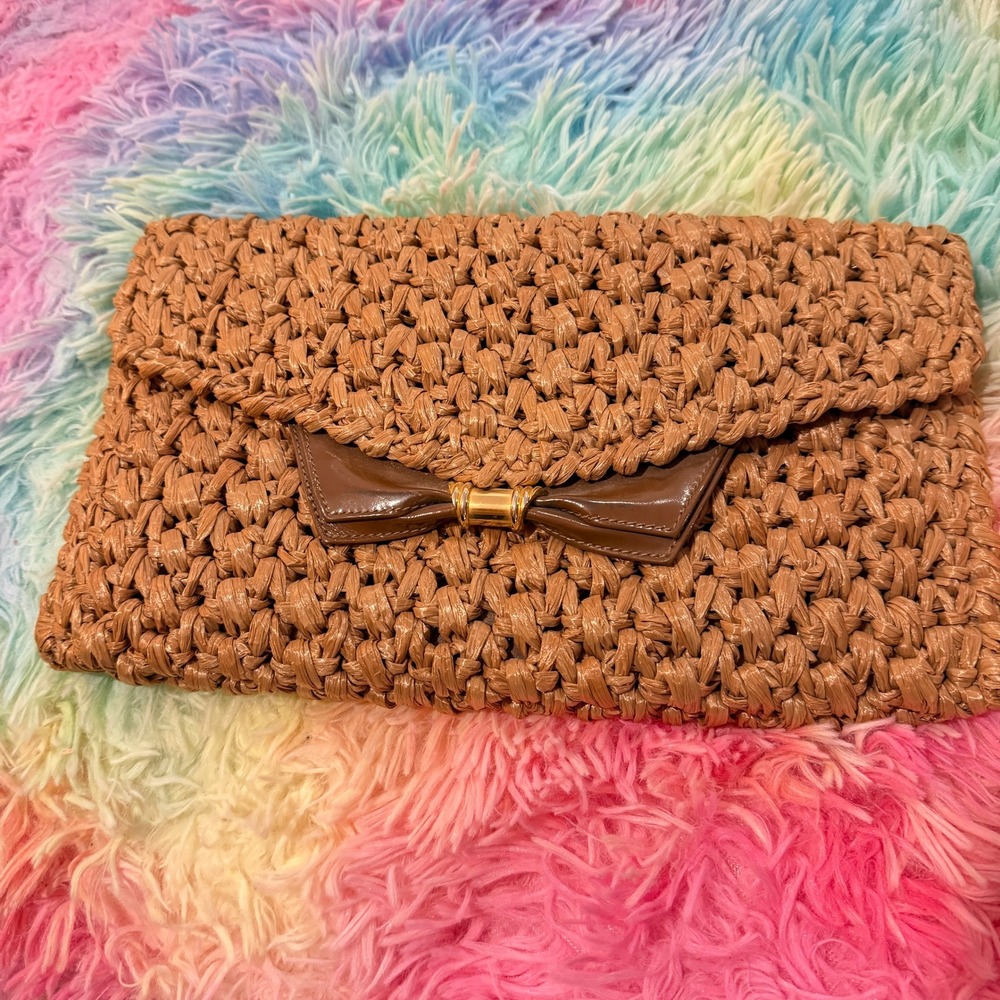 Rodo Woven Straw Clutch Womens OS Brown Vintage Bow Chain Italy
